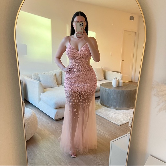 Pink Beaded Tulle Evening Gown w/ Overlay Skirt - Picture 7 of 12